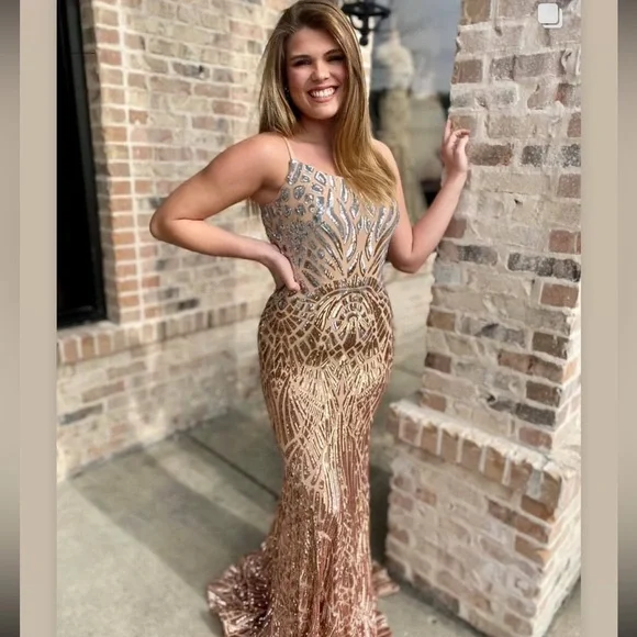 Jovani 06469SC Ombre Sequin Trumpet Prom Dress Silver/Cafe In Size 4 - Picture 8 of 16